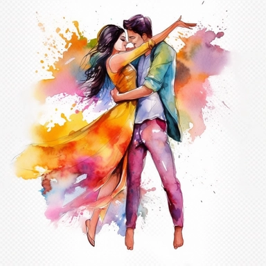 a stunning model couple, dancing, smiling happily, detailed, colorful, isolated watercolor clipart