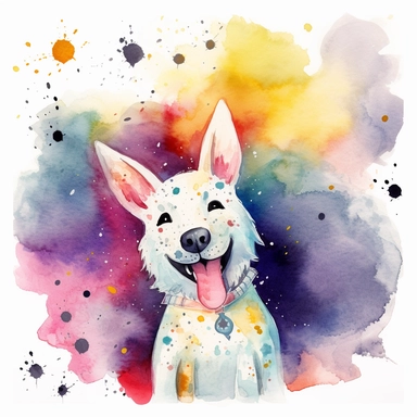 watercolor cool retro dog clipart, japanese cartoon art style, showing the emotion of joy and hapopiness, vibrant colors, beautiful, space theame