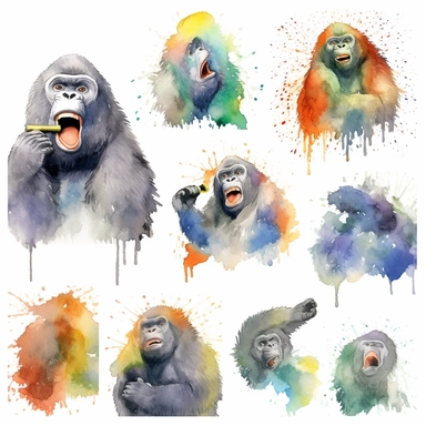 A charming watercolor gorilla clipart bundle, showcasing an adorable gorilla engrossed in playful activities. Against a clean white background, the watercolor painting depicts the unbridled enjoyment and sense of fun. This gorilla animal clipart bundle infuses designs with a lively and joyful atmosphere, creating a delightful and engaging visual experience. /artistic_style:Watercolor painting /background:white /subject:playful zebra /emotion:enjoyment, fun /atmosphere:playful and cheerful From a