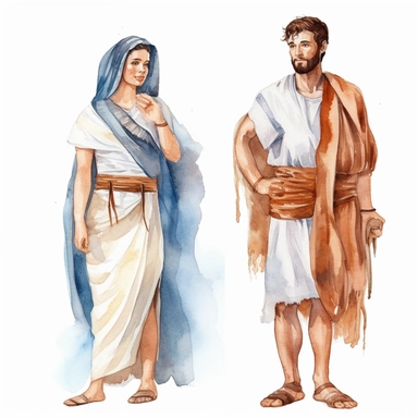 Watercolor well built roman man and woman with white cloths , illustrations clipart set, simple, , cartoon elements, different variants , separate elements with a margin