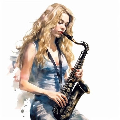 clipart, detailed watercolor illustration, 18 years old, the girl plays the saxophone, the girl is wearing a light dress, photorealistic