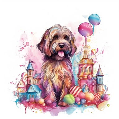 Fairytale style beautifull dog in the candyland with watercolor effect,candyland scene,candies,fantasy style,realistic features,vibrant colors,suitable for digital clipart,white background