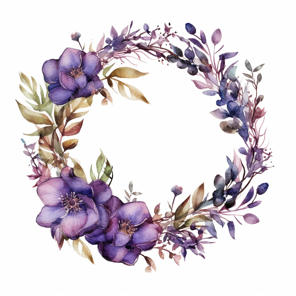 Beautiful Watercolor Floral Wreath With Decorative Elements, Purple 