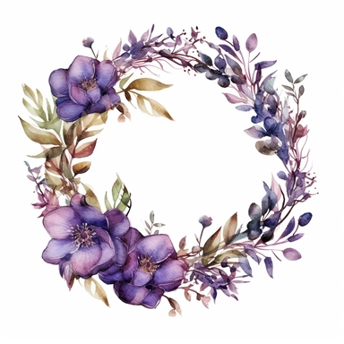 beautiful watercolor floral wreath with decorative elements, purple, flowers, leaves, clipart, isolated on white background, bojo, vintage, lithograph, 32k uhd, texture