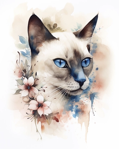 Watercolor Painting of Siamese cat head on white background good anatomy, DETAILED ILLUSTRATION, Flora Design Patterns, Flemish Baroque by Rachel Ruysch, Behance, Rococo, Intricate Detailed, Soft Light Effect, Oil Paint Strokes, Light Academia Aesthetic Flowers, Lighting cinematic, all shown shimmering stamens, tyndall light, texture, colorful, 8k, fantasy, ray tracing, vivid, spectacular lighting, octane rendering, highly detailed, ultra - realistic, white background, clipart