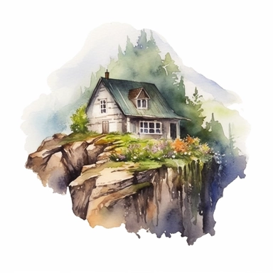 watercolor cottage house on stones cliff wildflowers clipart, far away mountains, subdued colors