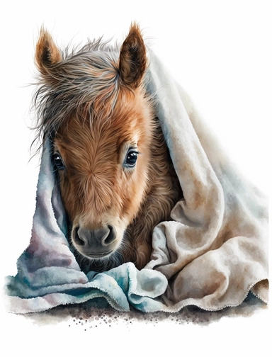 baby horse in a blanket, watercolor clipart, transparent background,
