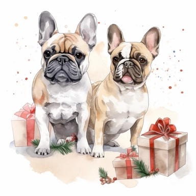 small clipart about french bulldogs celebrating christmas watercolour style
