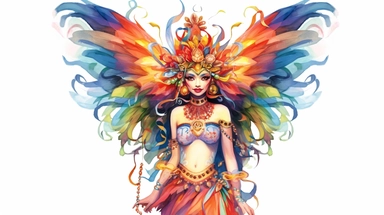 festive carnivale fairy, brazilian theme, thick border lines, watercolor, clip art, spaced out, white background