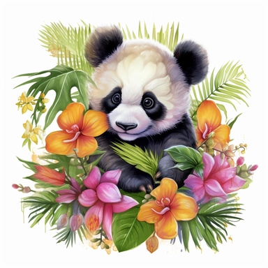 cute vivid clip art of a baby panda in a bamboo and hawaiian flowers, bold color, white background