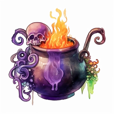 hand drawn black cauldron with bubbling potion, large bone in the cauldron, an octopus tentacle coming out of cauldron and hanging on the side, Halloween, purple orange and green shades, fantasy, glamorous, clipart style, detailed and realistic, watercolor, white background with margins