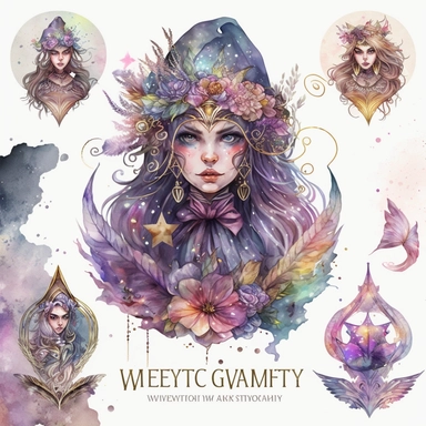 watercolor witchcraft set of gateway, watercolor clipart, isolated elements, in the style of the stars art group (xing xing), tanya shatseva, artgerm, Josephine Wall, pastel colors scheme, charming character illustrations, cute cartoon, beautiful facial features, detailed costumes, lovely, uhd image, transparent/translucent medium, bloomcore, matte painting, white background