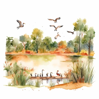 watercolor hunting scene in forest or fields with lake in vicinity where bird flocks take off in numbers , illustrations clipart set, simple, , cartoon elements ,different variants , natural elements, separate elements with a margin, ,4k, high resolution, , natural colors, vibrant green tones, birds,