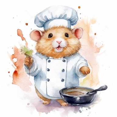 watercolor clipart, A cute chubby hamster, in style chief, ultra detailed, wearing a chef's hat, Cooking food in the kitchen, tasty, white background, high solution