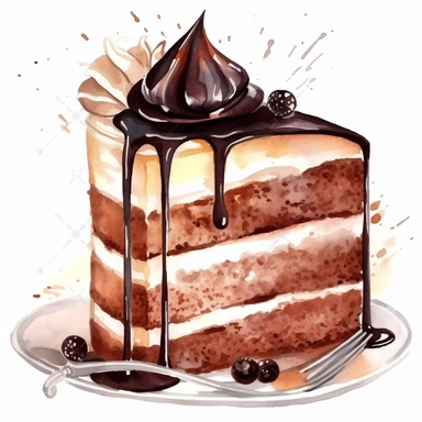 watercolour chocolate cake with cream and decoration, clipart on white background, no watermark, highly detailed, professional color gradation, clean sharpness