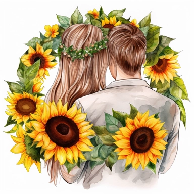 watercolor The middle circle of newlyweds with their arms around in the park. back view Bridal veil with Sunflowers flowers and leaves adorning her hair. hair up with flowers vividly bold designs png realistic cartoon in 32K UHD cute. 15 cm thick outline. Black color. There was no shadow on the ground. 8k with realistic watercolors. and detailed illustrations. PNG clipart, transparent white background