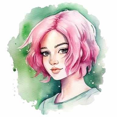 watercolour clipart of a girl with pink hair , green eyes, she is the catalyst for her group shared common dreams, binding the girls together. She is direct, occasionally sharp-tongued, and highly empathetic. With a heart full of compassion, she never hesitates to lend a helping hand to anyone in need. She`s dedication to their craft is unparalleled, make her smiling, exalted mood, white background, 8k, f1