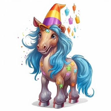 vector cute Horse character wearing wizard custom and wizard element with happy face ,front facing on isolated background,colorful color,with happy face and expression,Animal Sublimation Clipart,no splash watercolor,white background, ultra detailed clipart, cut out image, colorful watercolor realistic, cartoon style, ultra HD, sharp and clean art