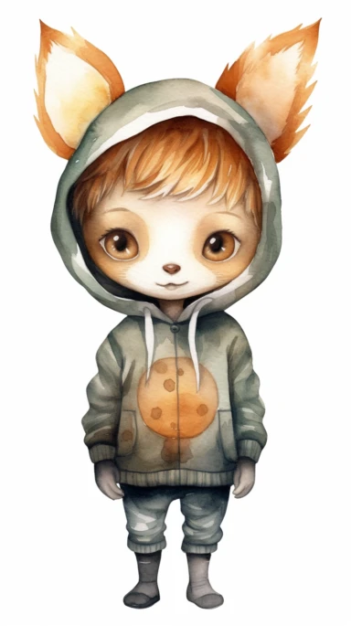 A watercolor pencile illustration of cute short hair boy wearing forest animal mask, inspired by mrs mighetto and inspired by nicoletta ceccoli, cute detailed artwork, high definition, whimsical art, Clipart style, png style, svg style, blank white background, isolated on a solid white background, 8k, full body,