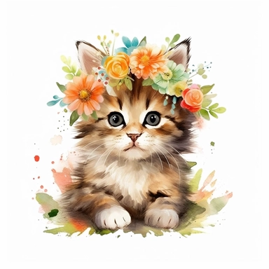 watercolor style, cute baby cat, smile, smile, wear flower crown, white background, pixar style details Sublimation Clipart,hyper realistic, intricate detail, illustration style, isolated on white background for removing background