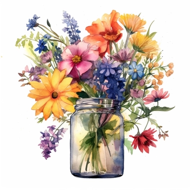 a large wildflower bouquet bursting from a transparent glass jar, set against a pure white background. The scene combines the charm and whimsy of clipart with the refined detail of a realistic watercolor painting. The lighting is gentle, enhancing the bright, vivid colors of the wildflowers and casting soft shadows. Using a wide-angle lens, capture the entire composition to display the overflowing bouquet in its full glory