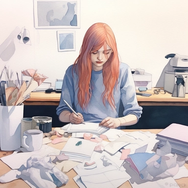 watercolor, hyper realistic, white background, white margins, 16k, ultra detailed clipart, cut out image, hand-drawn cartoon illustration of a girl at work, in the style of alena aenami, lucy grossmith, subtle pastel hues, briton rivière, optical, studyplace, knitted and crocheted