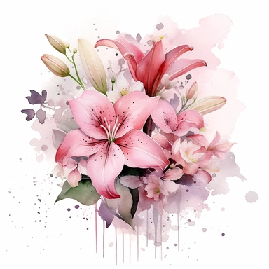 A graceful pink watercolor floral bouquet clipart, featuring an arrangement of lush flowers, including roses, lilies, and hydrangeas, with petals gently cascading, capturing the fluidity and softness of the watercolor medium, surrounded by subtle splashes and droplets, evoking a sense of tranquility and serenity, Illustration, watercolor and ink on textured paper,