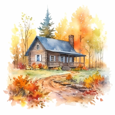 a log cabin in the woods with a garden. it is autumn. on a white background. clipart. watercolour