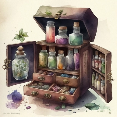 Watercolour Witches Apothecary Cabinet, fairytale, open drawers, clipart