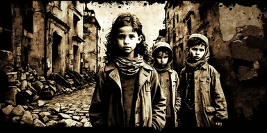 Creative graphic design, design, Small little jewish kids very thin, standing in front of the camera in the back The jewish WW2 the year is 1942, Very thin and poor people walking in the middle of a destroyed street in Warsaw, Huge destruction and devastation, dead people, dark sky, no hope, and the Resurrection, sepia colors, black and white, dark, deep pain, people in tremendous suffering, EPIC, Dark collage, clipart, graphic, illustrations, 16K