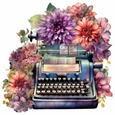 a watercolor enchanted old and used 1900 cash register profil view, enchanted collector's item surrounded by an arrangement of a number of dramatic extravagant saturated digital purple 3D dahlias, in the style of large-scale photography, lush detailing, watercolor style, pastel colors, playfully intricate, made of flowers, bloomcore, clipart, transparent png background