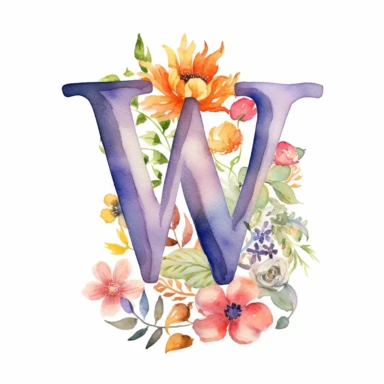 typographical logo letterW serif font with floral watercolor, hand painting, ultra detail, 8k megapixel a careful touch white background for clipart