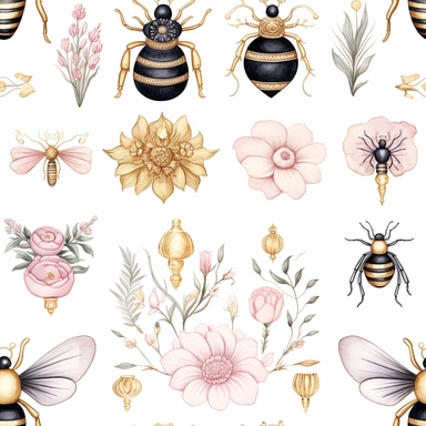watercolor-style clip art images that feature objects related to an aesthetic adorned with floral designs. The images should have aesthetic, and should incorporate elements such as watercolor [gold] whimsical and cute illustration in watercolor of a White scarab with black ornaments on the body, in a Scandinavian folk art style with botanical and swirl motifs. light pink gold colors Traditional with a modern twist watercoloritem collection, isolated on a white background, gourmet, classy, simple