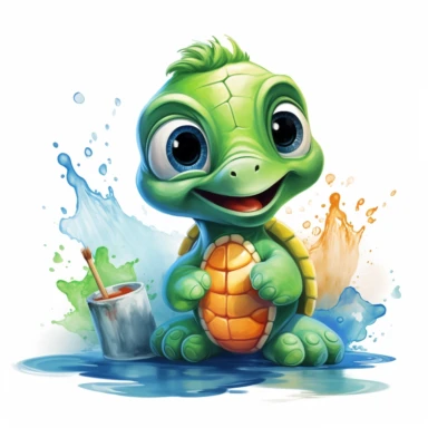 Design a caricature watercolor-style clipart of a delightful baby sea turtle, exaggerating its charming features with a palette of vibrant greens and light blues. Begin with the baby turtle, emphasizing its small yet sturdy shell using various tones of green. Use energetic, broad brushstrokes to illustrate the texture of the shell, allowing the colors to mingle freely to give a sense of depth and charm. Next, focus on the turtle's adorable head and flippers, using a brighter shade of blue to dis
