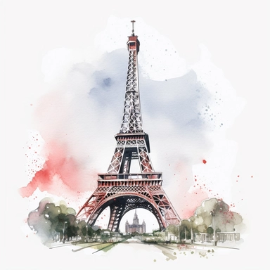 hand drawn watercolor style, eiffel tower clip art, white background