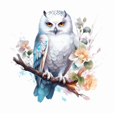 floral white owl sitting on a branch clipart, watercolor technique, 8k detailed digital art, bright, colorful, soft lightning, sharp clear focus, detailed, sharp, on a white background