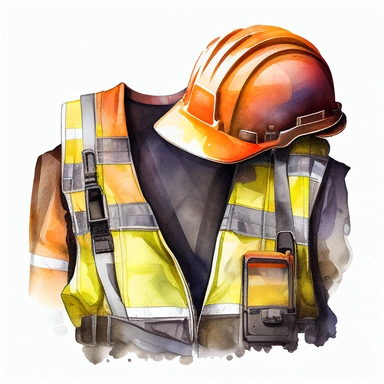 construction helmet and high vis vest clip art, watercolor, white background, no caption