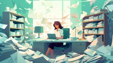 a simple flat microsoft office clip art style illustration of a room full of paper documents, documents all over the place, a lady on the picture angry and going mad because of the mess of documents, light green blue white pastel color palette