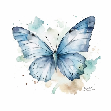 Watercolour fluttering butterfly in flight clipart, botanical sketch, no splash, light blue, single sheet, 4k