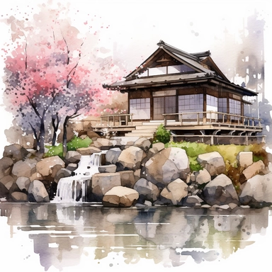 japanese architectural house clipart, water colour, spring, sakura, japanese ornamental flowers and seasonal flowers, rocks in front of house with dripping paint as shadows dull dark colour but serious tone full image no crop