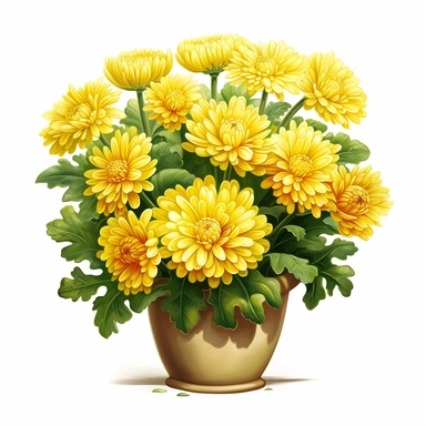 yellow Chrysanthemum, vibrant yellow, in a colorful pot, clipart, high quality, white background