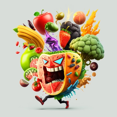 Healthy foods fighting against processed foods as logo mascot based in various types of foods, with transparent background, insane detail, HD, 4k, as cartoon,3D clipart