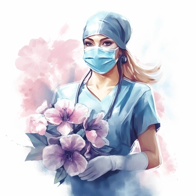 a nurse with flowers, wearing a surgical mask, ink wash background, in the style of realistic watercolor paintings, uhd image, free brushwork, artistic interpretations, in the style of artgerm, 2d game art, quadratura, clipart,