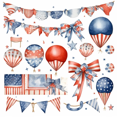 watercolor 4th of july patriotic decorations, illustrations clipart set, simple, , cartoon elements , bunting, ribbon elements, door wreaths, different variants , separate elements with a margin