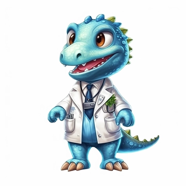 cute dino character wearing doctor clothes and doctor element with happy face,front facing on isolated background,with happy face and expression,Animal Sublimation Clipart,no splash watercolor,white background, ultra detailed clipart, cut out image, colorful watercolor realistic, cartoon style, ultra HD, sharp and clean art