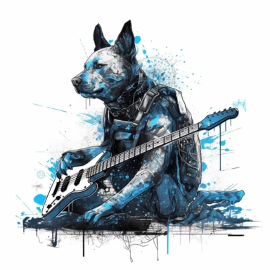 Black and white painting with splashes of blue neon of cyberpunk anime mean dog playing guitar with mechanical body, unreal engine 5 details, white background, cricut, cuttable, clipart
