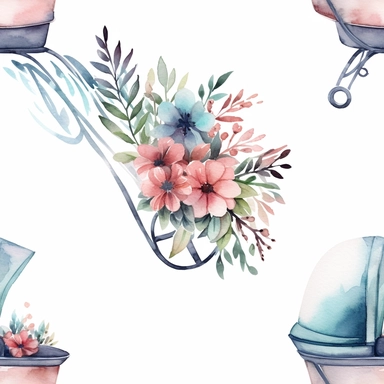Draw a watercolor-style clip art images that feature objects related to an aesthetic adorned with floral designs. The images should have aesthetic, and should incorporate elements such as watercolor [gold] whimsical and cute illustration in watercolor of baby stroller (https://cdn.midjourney.com/152d87ad-3fb9-4f89-9efc-4d84587ab96c/0_1.png) with black ornaments , in a Scandinavian folk art style with botanical and swirl motifs. light pink gold colors Traditional with a modern twist watercolorite