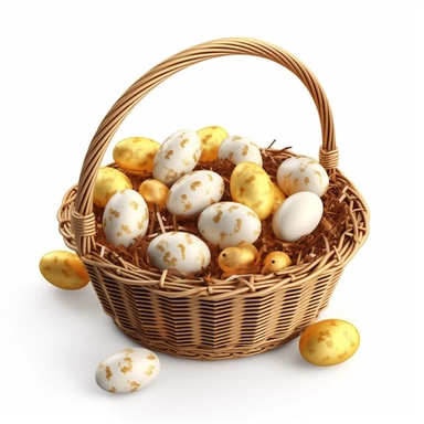 The clipart could feature an white Easter basket filled with golden eggs The white basket could be decorated with diamonds or Gold accessories , and there could be some grass or flowers around it. The treats could be arranged in a neat and colorful display, with some items spilling out of the basket to make it look more inviting, realistic, hd