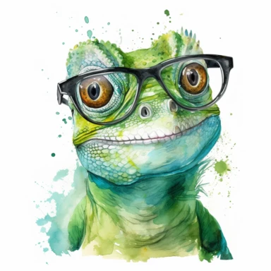 Green iguana wearing glasses, watercolor, sharp illustration clipart, insane detail, white background