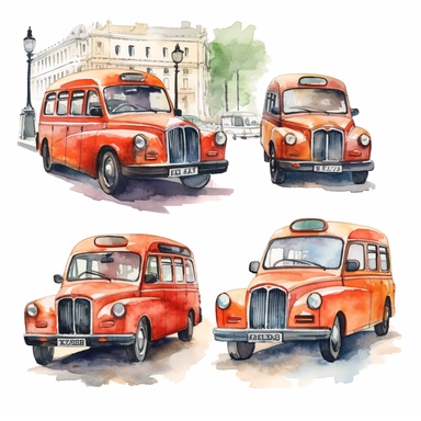 watercolor london taxis in streets, illustrations clipart set, simple, , cartoon elements ,different variants , separate elements with a margin - @Lookfar (fast) Image